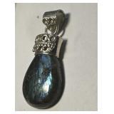 Sterling Pendant w/ labrodite Stone 2"  Long