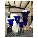 4 Blue Glass Holders on Metal Stand