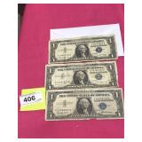 3-$1 Dollar Silver Certificates-1957, 1957A, 1957B