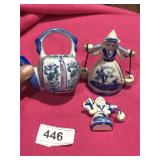 2 Delft Girls w/ Bells and Decorative Tea Pot
