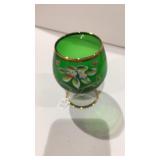 Green Glass W/ Painted Flowers Brandy Snifter