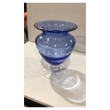 Etched Blue Pedestal Vase Art Glass