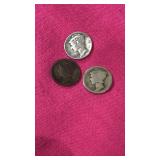 3 Mercury Silver Dimes 1917P, 1941D, 1943P