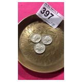 3 Silver Mercury Dimes - 1937P, 1942P, 1944P