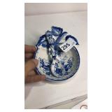 Pottery White & Blue Leaf Dish w/ Spoon