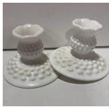 Pair of Fenton Hobnail Milk Glass Candle Holders