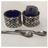 2 Vintage Cobalt Blue Salt Cellars w/ Silver Metal