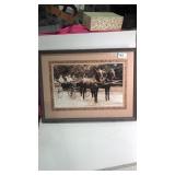 Framed Copy of Men in Horse Drawn Wagon