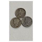3 Mercury Silver Dimes 1917, 1928, 1943