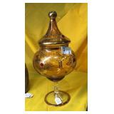 Vintage Amber w/ Gold Designs Lidded Candy Dish