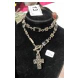 Silver Toned Cross Necklace w/ Black Stones