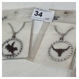 2 Metal & Rhinestone Necklaces - Bull Rider & Long
