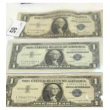3 Silver Certificates $1 Dollar- 1935 D, (2) 1957A