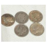 4 Mercury 1 Barber Silver Dimes - 1938P, 1920D,