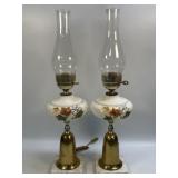 (T) Vintage Hand Painted Milk Glass Brass Stand on