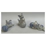 3 Porcelain Cat Figurines White and Blue Delft