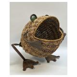 Vintage MCM Wicker Rattan and Metal Frog Planter