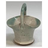 Studio Pottery Speckled Basket With Green Accents