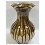 Vintage Brown Glaze Drip Bulbous Vase Signed JSS