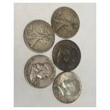(SC) 5 Assorted Silver Half Dollars 90% Silver