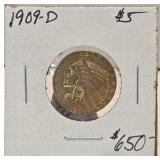 1909-D $5 Gold Indian Head Coin