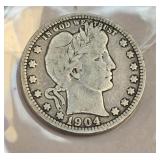 1904 Barber Silver Quarter 90% Silver