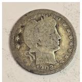 1902 Barber Quarter Dollar 90% Silver