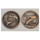 (2) Copper Rounds As Pictured- 1-One Ounce .999