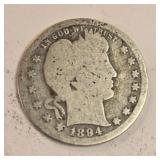 1894 Barber Quarter Dollar 90% Silver