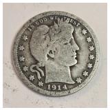 1914 Barber Quarter Dollar 90% Silver