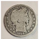 1908 Barber Quarter Dollar 90% Silver