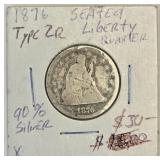 1876 Seated Liberty Quarter 90% Silver