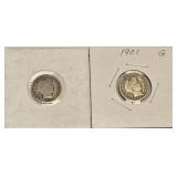 1901 & 1915 Barber Dimes 90% Silver
