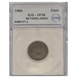 1900 Netherlands1 Cent Coin ICG-VF30