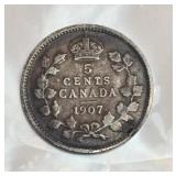 1907 Canadian 5 Cents 92.5% Silver
