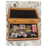 Trinket Box Containing Assorted Pins & Keychains