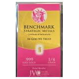 1/4 Grain .999 Fine Gold Bar 24K Benchmark