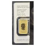 1/10 Oz 9999 Fine Gold Royal Canadian Mint Bar