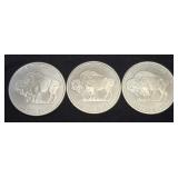 (3) 1 Troy oz Indian Head Buffalo Rounds .999