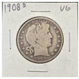 1908D (VG) Barber Half Dollar 90% Silver
