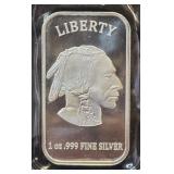 1 Oz .999 Fine Silver Indian Head Buffalo Bar