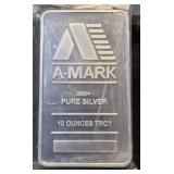 10 Troy Oz .999+ Pure Silver A-Mark Bar