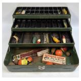 (D) Vintage Green Metal Tackle Box With Several