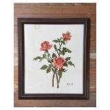 (D) Vintage Embroidered Pink Rose In Frame 17.5"