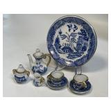 (D) Antique Miniature Ceramic Tea Set Blue &