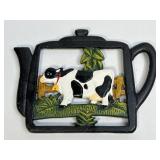 (D) Cast Iron Trivet Teapot Shape with Cow in
