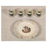 4 Saki Glasses & 6" Decorative Plate