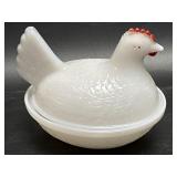 (A) Vintage White Milk Glass Chicken Hen on Nest