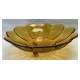(B) Vintage Amber Glass Footed Bowl Leaf Pattern