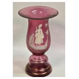 (B) Mary Gregory Cranberry Glass Vase 8¾" Tall
